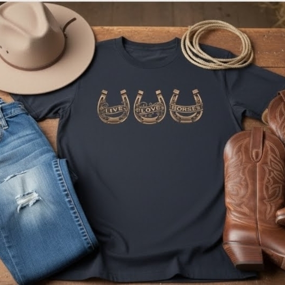 Live Love Horses Tee | Western Floral Horseshoe Shirt | Cowgirl Equestrian Shirt - Picture 7 of 16